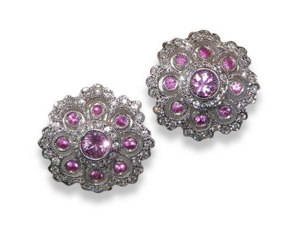Art Deco Sri Lanka Pink Sapphire Pave Diamond Earrings 18KWG - Simply ...