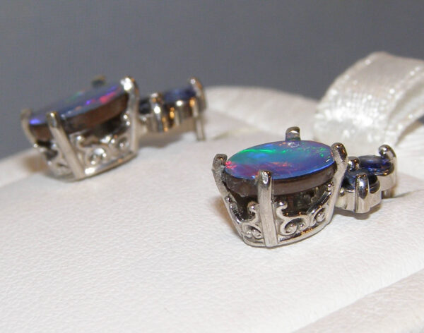 Colorful Opal Doublet Ceylon Sapphire Earrings 14KWG - Image 6