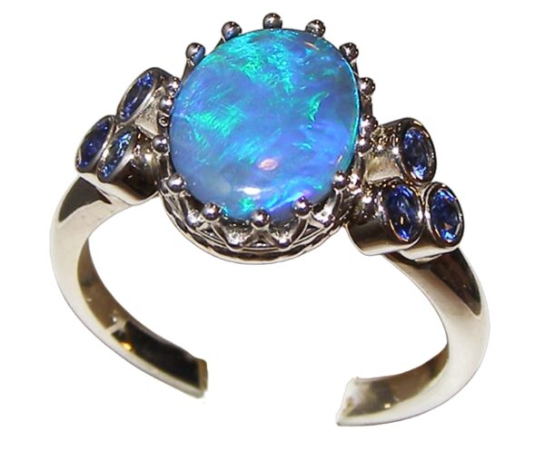 Solid Lighting Ridge, AU Black Opal Ceylon Sapphire Ring 14KWG 1.65 ctw