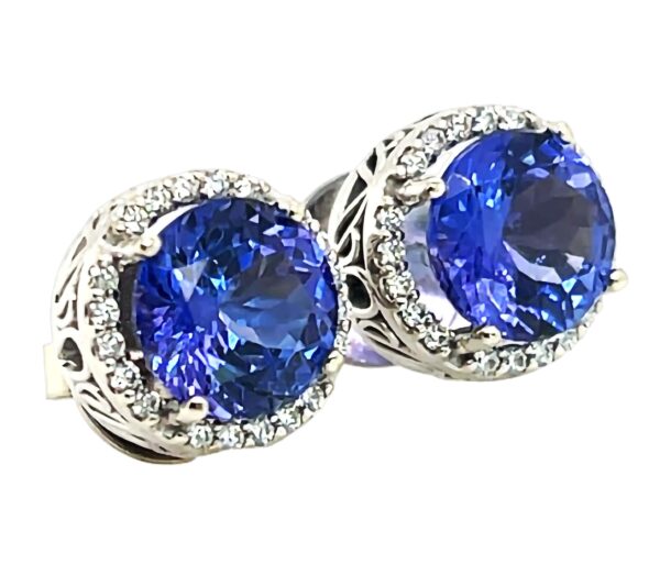 High Quality Tanzanite (H)* Diamond Halo Earrings 14KWG 4.36 ctw