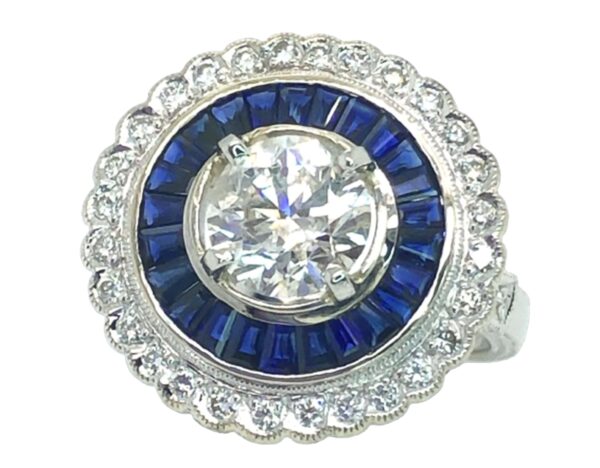 Large USA EGL Certified Diamond (N)* Sapphire (H)* Art Deco Ring 18KWG 3.00 ctw