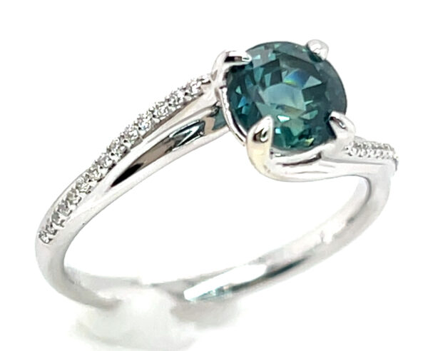 Montana Teal Sapphire (H)* Swirl Diamond Ring 14KWG 1.55 ctw - Image 13