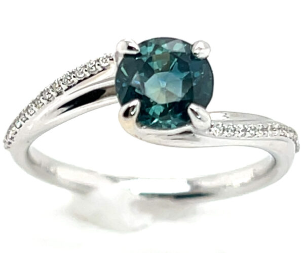 Montana Teal Sapphire (H)* Swirl Diamond Ring 14KWG 1.55 ctw