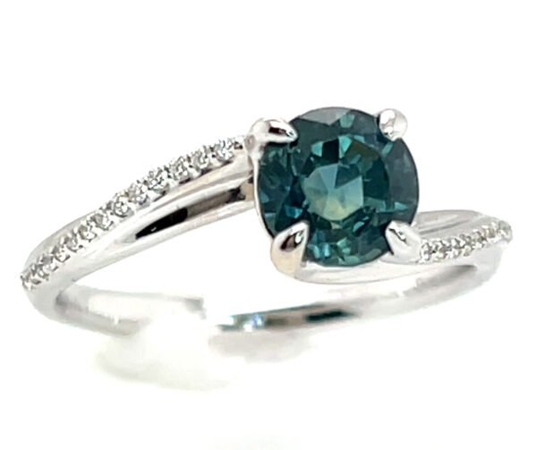 Montana Teal Sapphire (H)* Swirl Diamond Ring 14KWG 1.55 ctw - Image 9