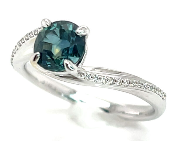 Montana Teal Sapphire (H)* Swirl Diamond Ring 14KWG 1.55 ctw - Image 8