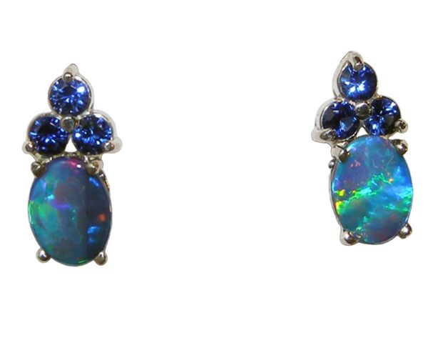 Colorful Opal Doublet Ceylon Sapphire Earrings 14KWG - Image 2