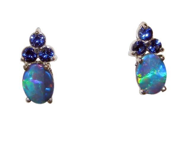 Colorful Opal Doublet Ceylon Sapphire Earrings 14KWG